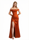 Sexy Off The Shoulder Mermaid Side Slit Silky Satin Floor Length Formal Evening Dresses