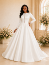 ChicSew Elegant A-Line Jewel Long Sleeves Lace Appliques Satin Maxi Wedding Dress