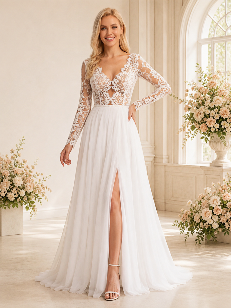 ChicSew Sexy Unique Lace V-Neck Long Sleeves Chiffon A-Line Side Slit Floor-Length Wedding Dress