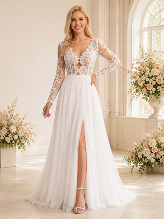 ChicSew Sexy Unique Lace V-Neck Long Sleeves Chiffon A-Line Side Slit Floor-Length Wedding Dress