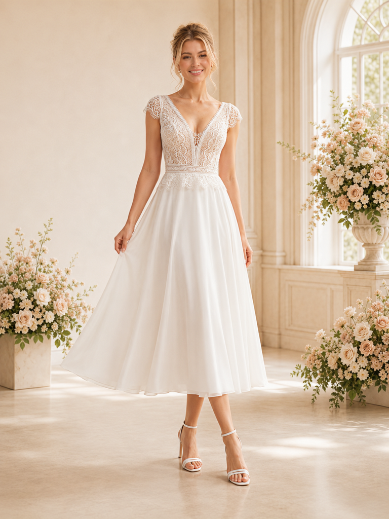 ChicSew Beautiful Lace V-Neck Cap Sleeves A-Line Chiffon Midi Wedding Dresses