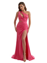 Sexy One Shoulder Ruched Satin Side Split Mermaid Long Bridesmaid Dresses Online