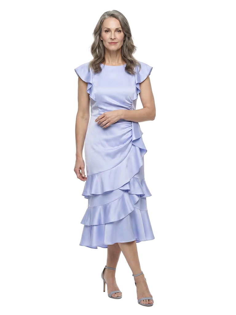 ChicSew Beautiful Ruffle Sleeve Tiered Satin Sheath Mother Of The Groom Dress With Ruched Detail