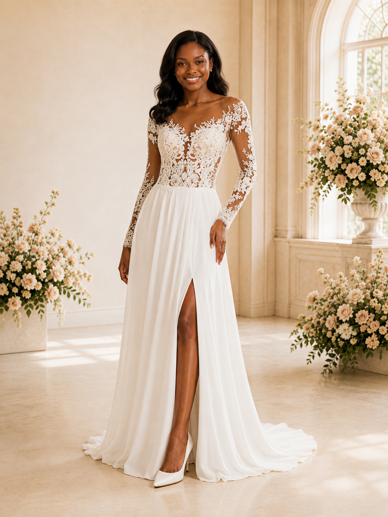 ChicSew Elegant A-Line Illusion Long Sleeves Lace Chiffon Maxi Wedding Dress