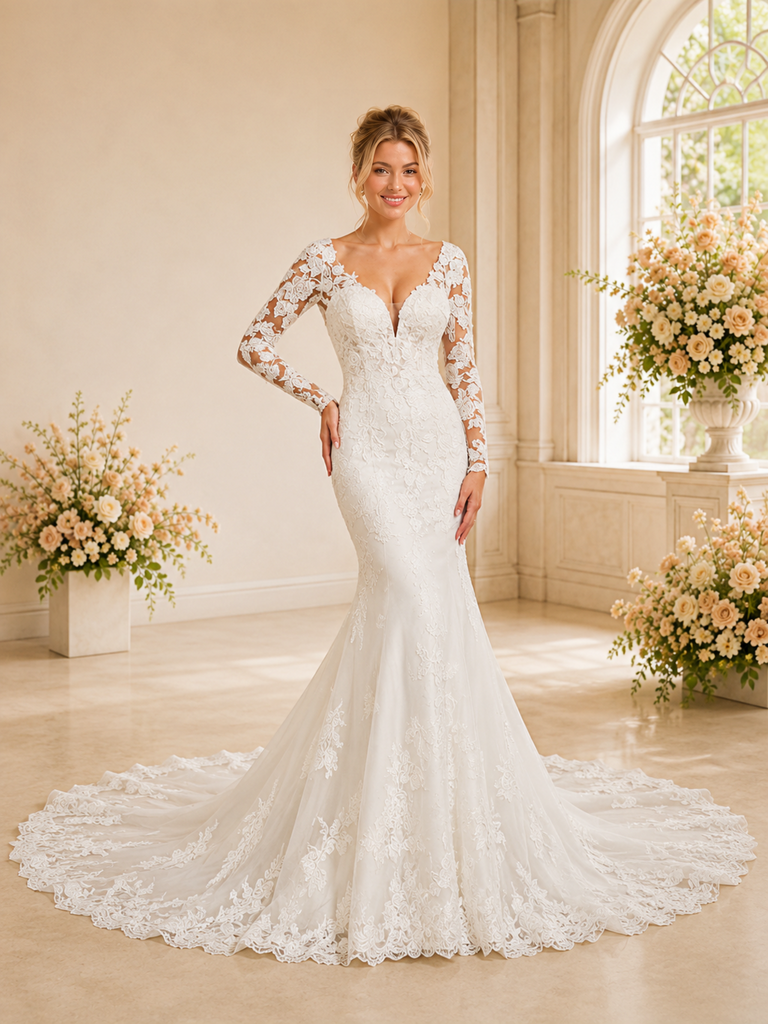 ChicSew Fancy V-Neck Long Sleeves Lace Tulle Mermaid Long Wedding Dresses