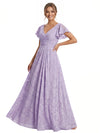 Elegant Flutter Sleeves V-Neck Floral Burnout Chiffon A-Line Formal Evening Dresses
