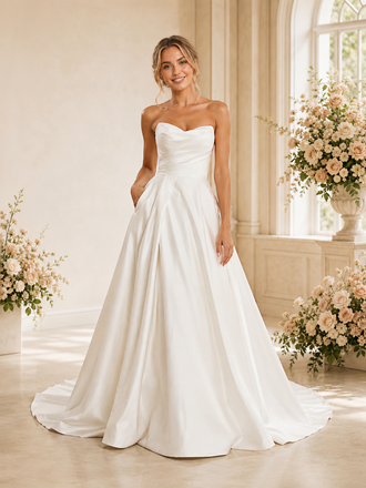 ChicSew Classy Satin Sweetheart A-Line Ruched Long Wedding Dress With Pocket
