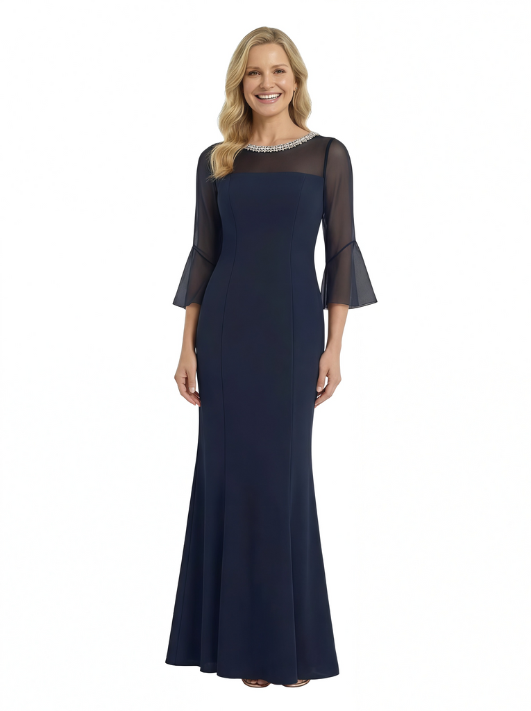 Chicsew Pretty Mother of The Groom Dress Jewel 3/4 Sleeves Maxi Mermaid Crepe Timeless Simple Formal Evening Dress