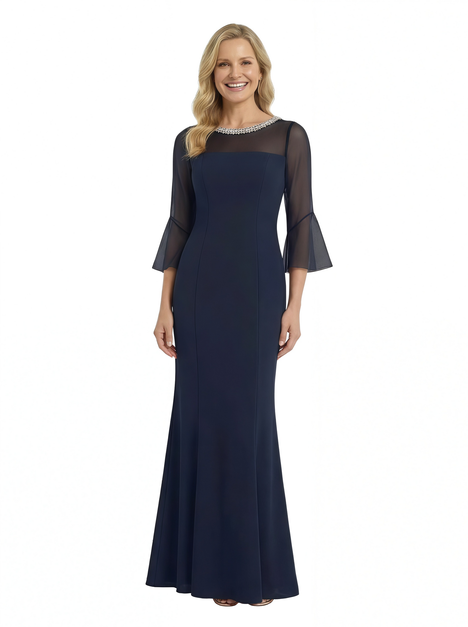 Chicsew Pretty Mother of The Groom Dress Jewel 3/4 Sleeves Maxi Mermaid Crepe Timeless Simple Formal Evening Dress