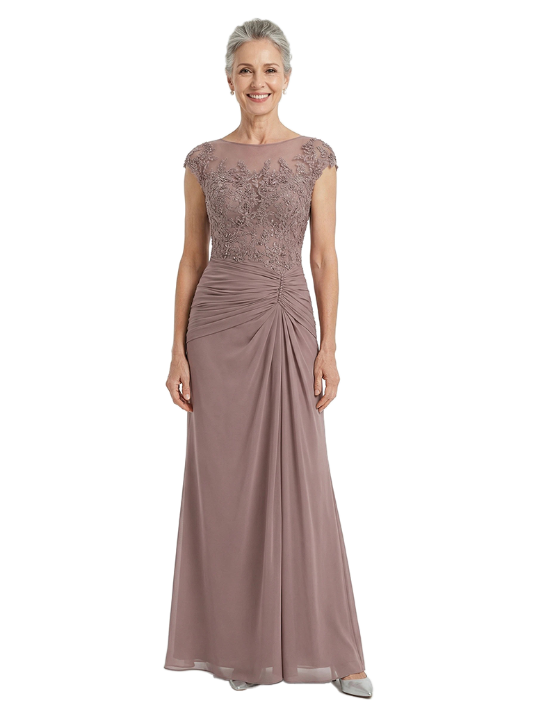 ChicSew Illusion Cap Sleeves A-Line Chiffon Lace Bodice Mother of the Bride Dresses