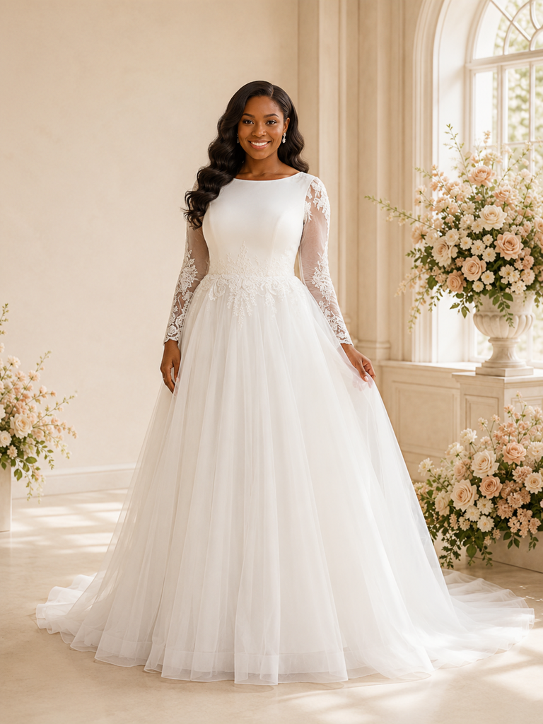 ChicSew Elegant Bateau Long Sleeves Tulle Maxi Wedding Dress With Lace Appliques