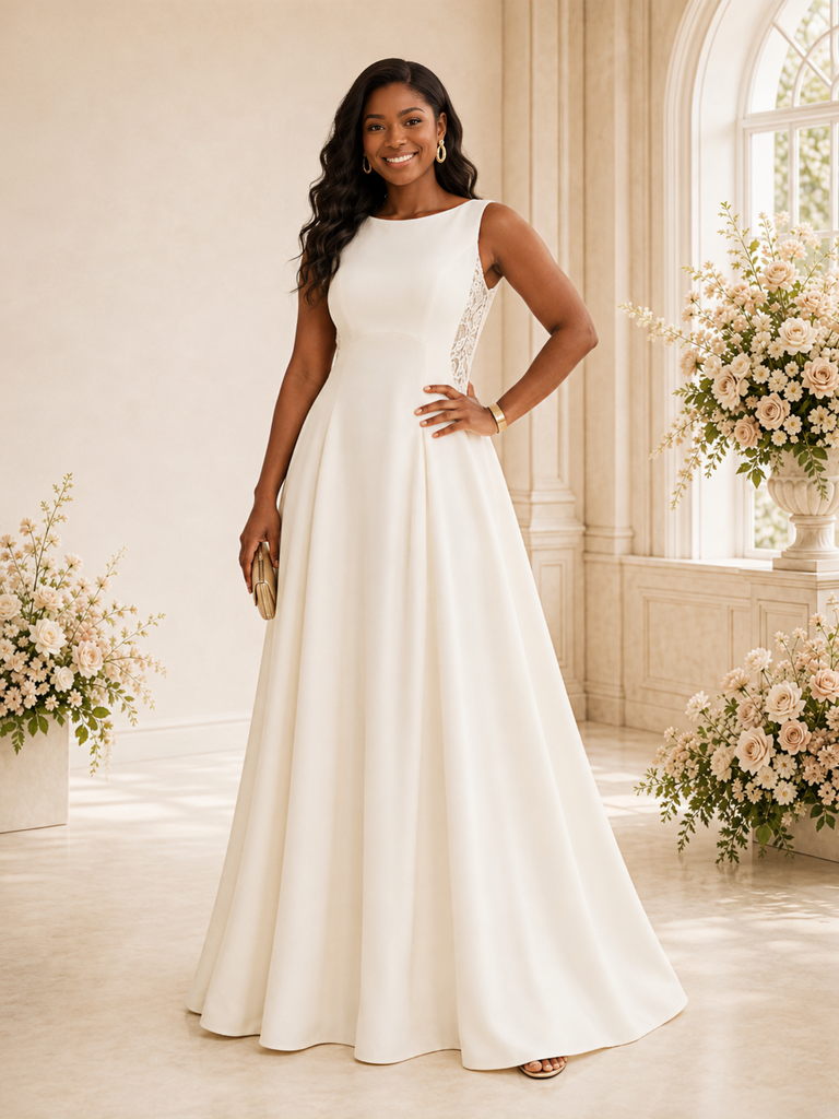 ChicSew Elegant Bateau Sleeveless Long A-Line Crepe Wedding Dress With Lace Appliques