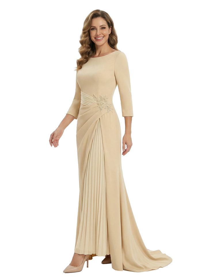 Chicsew Mother of The Groom Dress Elegant Crew Scoop 3/4 Sleeve Crepe Maxi Gown Pleated Detail Classy Look