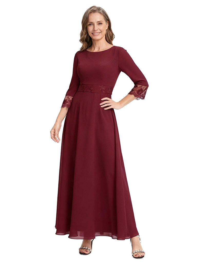 ChicSew Long Sleeve Lace Scoop A-Line Chiffon Evening Gown For Mother Of The Bride With Lace Cuffs