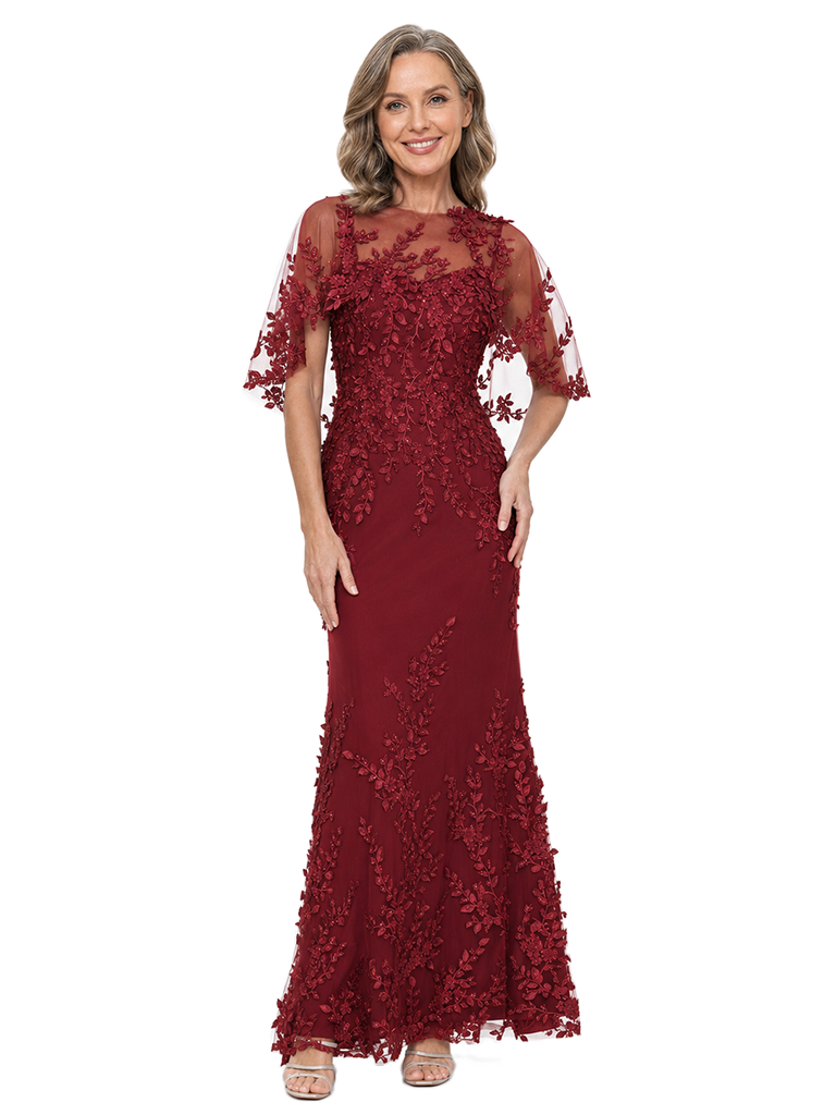 ChicSew Classy Lace Applique Mother Of The Groom Gown Illusion Cape Sleeve Mermaid Formal Dress