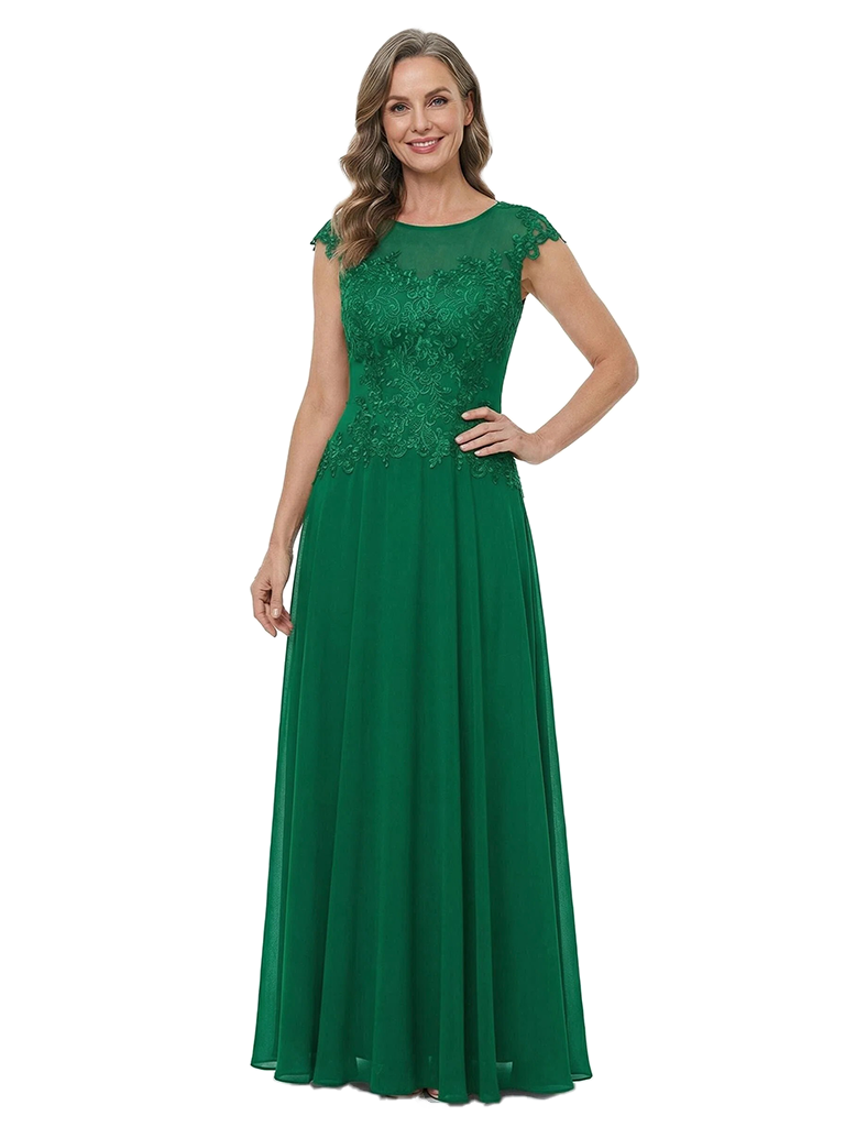 ChicSew Jewel Cap Sleeves Lace Appliques Floor Length Chiffon Sophisticated Mother Of The Bride And Groom Dresses