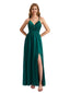 Modern Spaghetti Straps Silky Satin A-line Long Simple Bridesmaid Dresses Side Split