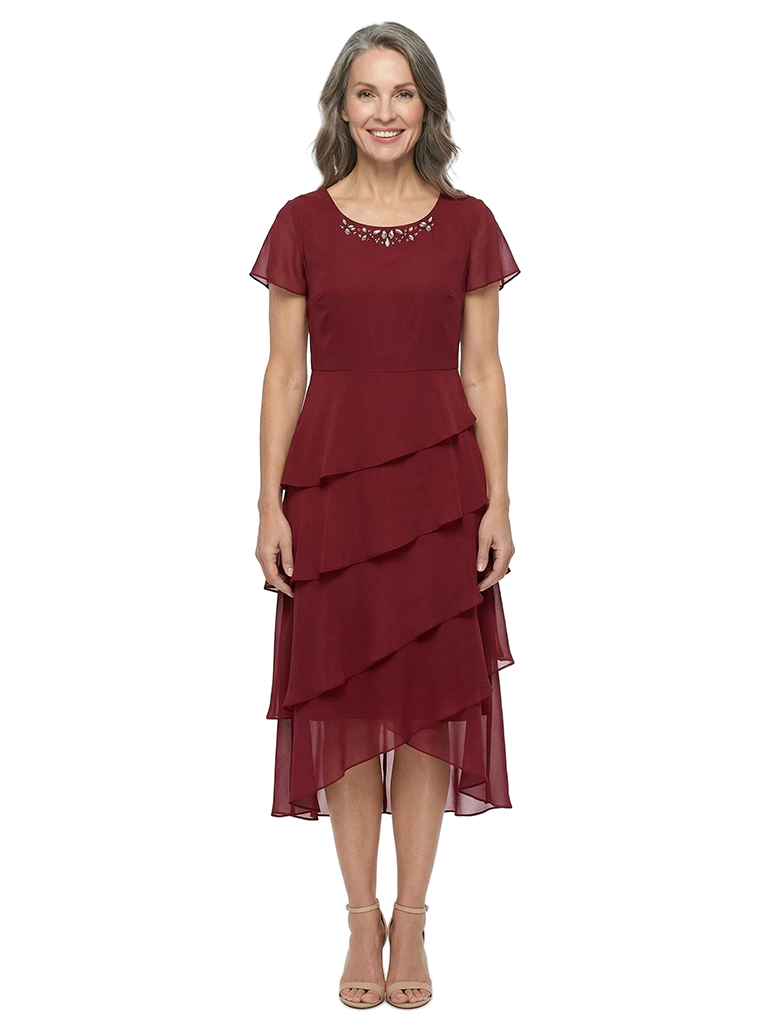 ChicSew Jewel Short Sleeve Beaded Neckline Layered Ruffle High Low Hem Tea Length Chiffon Casual Mother Of The Bride Dresses