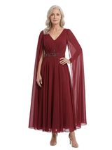 ChicSew V-Neck Cape Sleeve Beaded Tea Length Chiffon Formal Mother Of The Bride Groom Dresses