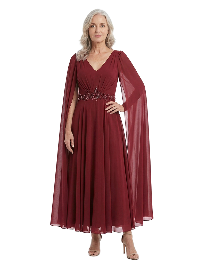 ChicSew V-Neck Cape Sleeve Beaded Tea Length Chiffon Formal Mother Of The Bride Groom Dresses
