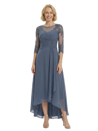 Elegant Mother of The Bride Dresses Scoop Half Sleeve Chiffon High-Low Classy Ruched Beaded Formal Wedding Event Dress