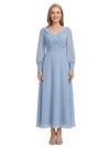 ChicSew Pretty Wrap V-Neck Mother Of The Bride Dress With Long Sleeves Chiffon Ankle-Length Gown