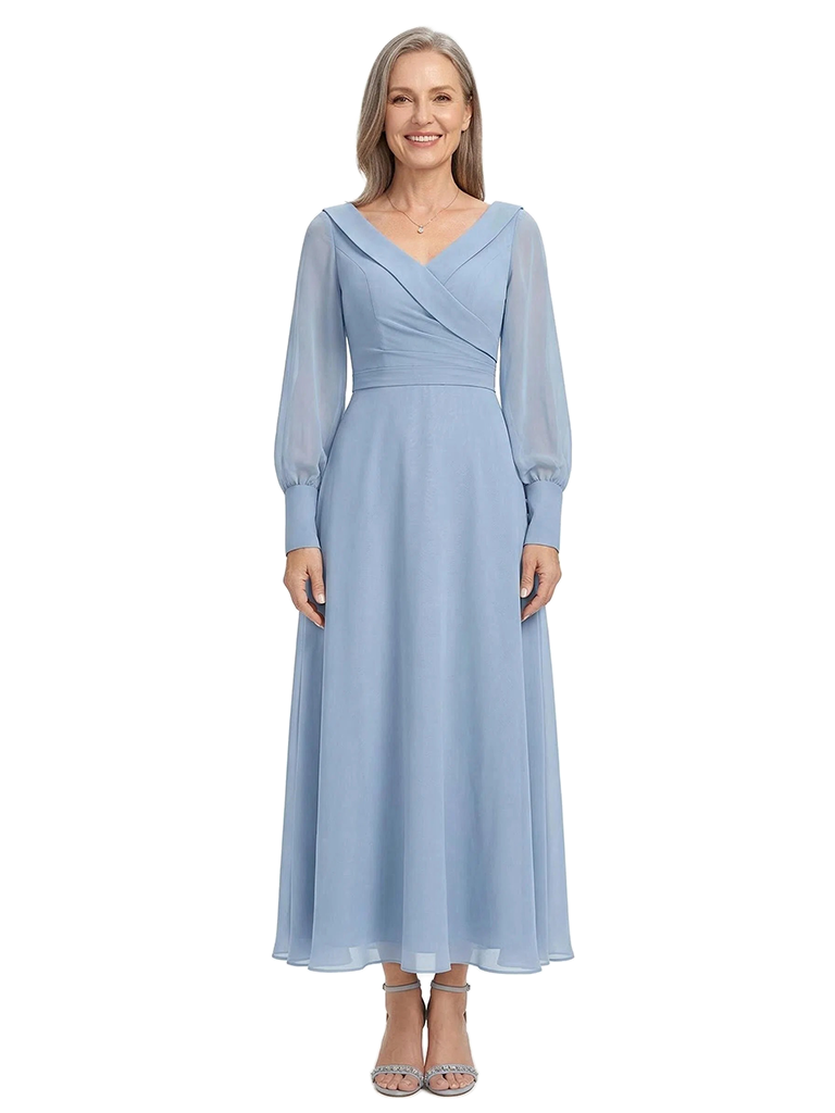 ChicSew Pretty Wrap V-Neck Mother Of The Bride Dress With Long Sleeves Chiffon Ankle-Length Gown