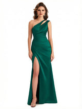 Ladies Sexy One Shoulder Side Slit Mermaid Silky Satin Long Formal Dresses