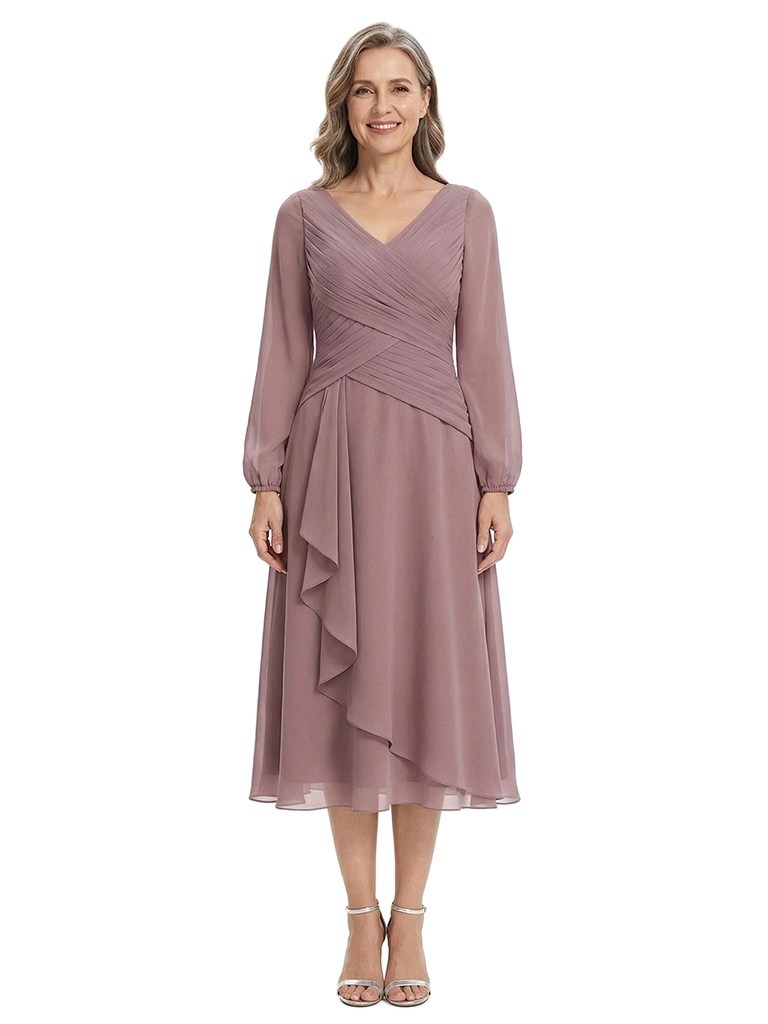 ChicSew Modern Long Sleeves V-Neck Tea-Length Chiffon Ruffle A-Line Mother Of The Bride Dresses