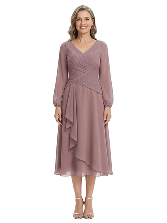 ChicSew Modern Long Sleeves V-Neck Tea-Length Chiffon Ruffle A-Line Mother Of The Bride Dresses