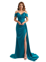 Sexy Silky Satin Off The Shoulder V-Neck Mermaid Long Bridesmaid Dresses Side Slit