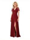 Elegant Chiffon V-Neck A-Line Short Sleeves Lace Beaded Long Mother of The Bride Dresses Slit