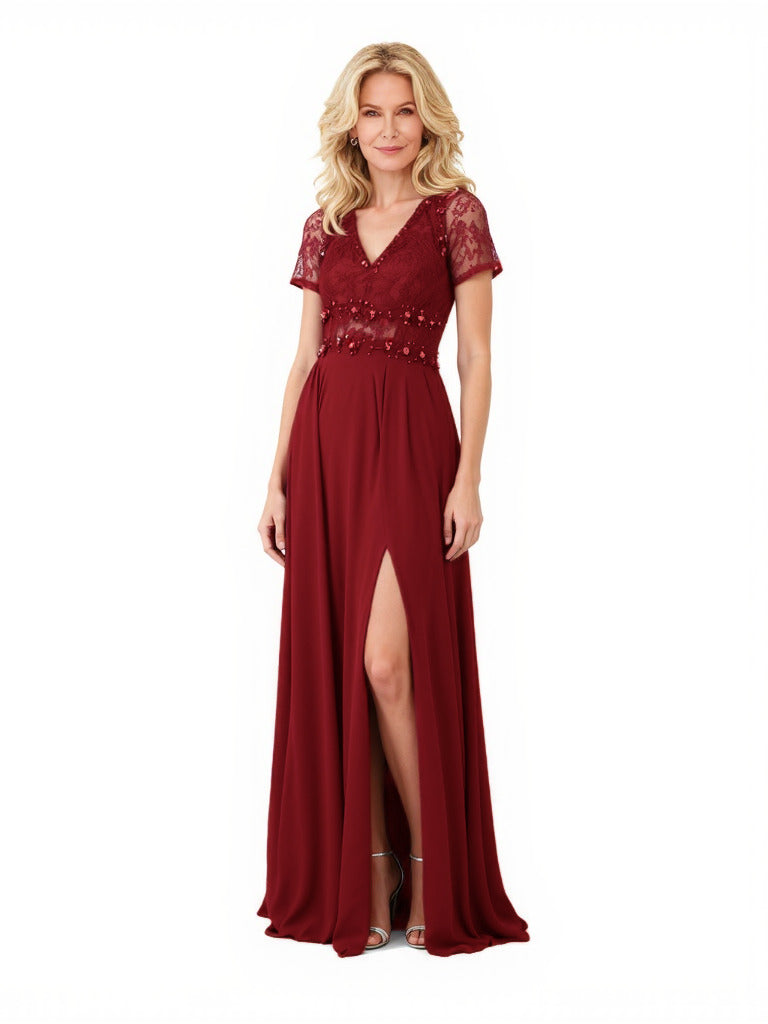 Elegant Chiffon V-Neck A-Line Short Sleeves Lace Beaded Long Mother of The Bride Dresses Slit