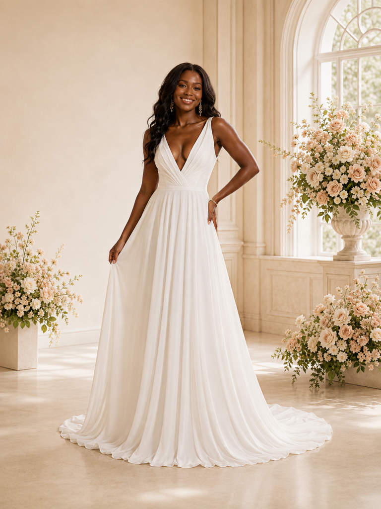 ChicSew Sexy V-Neck A-Line Chiffon Maxi Long Wedding Dress With Pleats