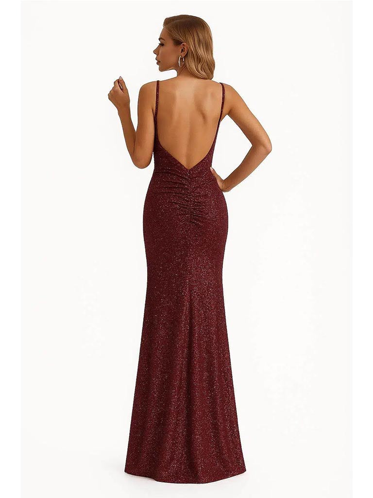 Shiny Spaghetti Straps Mermaid Glitter Jersey Side Slit Long Formal Dresses For Women