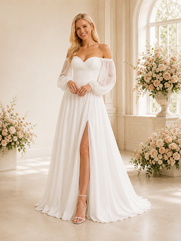 ChicSew Fancy Off The Shoulder Long Sleeves A-Line Side Slit Pleated Chiffon Long Wedding Dress