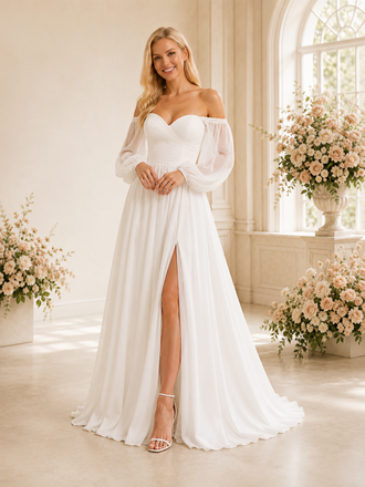 ChicSew Fancy Off The Shoulder Long Sleeves A-Line Side Slit Pleated Chiffon Long Wedding Dress