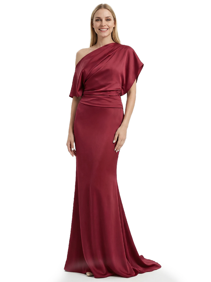 Chicsew Elegant One Shoulder Mermaid Satin Short Sleeve Mother Of The Bride Dresses