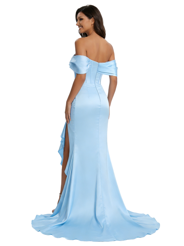 ChicSew Elegant Off the Shoulder Ruffles Satin Corset Mermaid Prom Dress with Slit