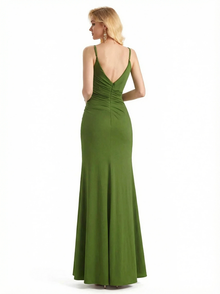 Sexy Spaghetti Straps Mermaid Jersey Side Slit Long Formal Dresses For Women