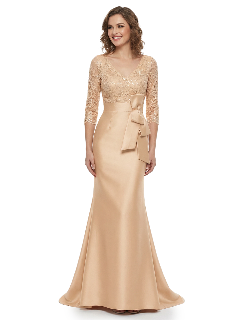 Chicsew Elegant V-Neck Lace Appliques Mermaid Satin Mother Of The Bride Dresses