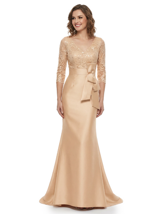 Chicsew Elegant V-Neck Lace Appliques Mermaid Satin Mother Of The Bride Dresses