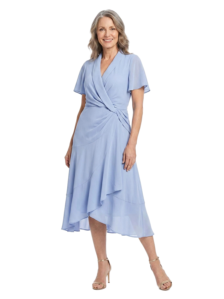 ChicSew Classy Flutter Sleeve V-Neck Chiffon Midi Mother Of The Groom Dress With Ruffle