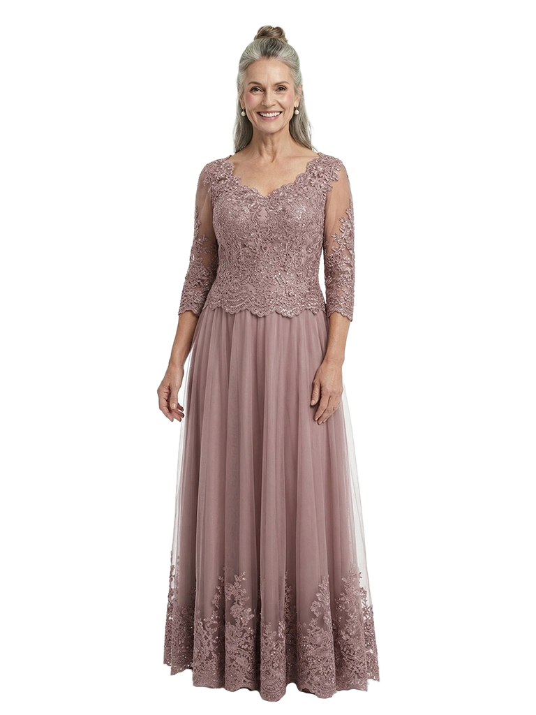 ChicSew Elegant Lace Mother Of The Bride Gown With Sleeves V-Neck A-Line Tulle Formal Dress