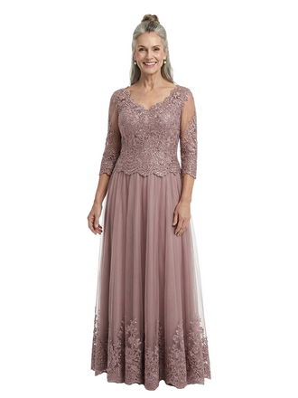 ChicSew Elegant Lace Mother Of The Bride Gown With Sleeves V-Neck A-Line Tulle Formal Dress