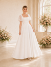 ChicSew Classy A-Line Square Neckline Floor-Length Pleated Crepe Wedding Dress With Tulle Short Sleeves