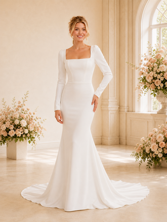 ChicSew Elegant Long Sleeves Mermaid Crepe Square Neckline Long Wedding Dresses