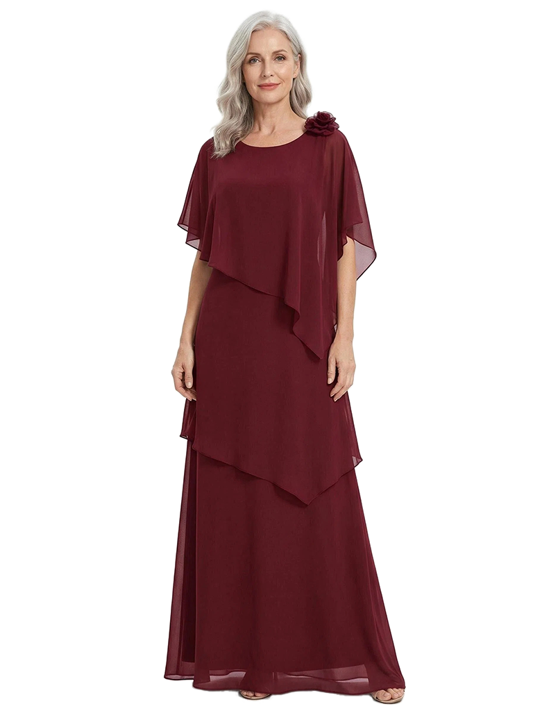 ChicSew Elegant Chiffon Mother Of The Bride Gown With Flowy Capelet And Tiered Skirt Floor Length