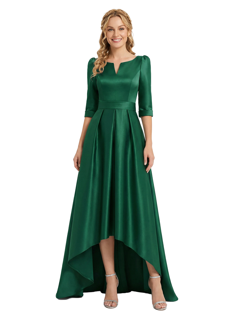 Chicsew Unique High-Low Satin Mother of The Groom Dress Half Sleeves A-Line Fancy Formal Evening Wear