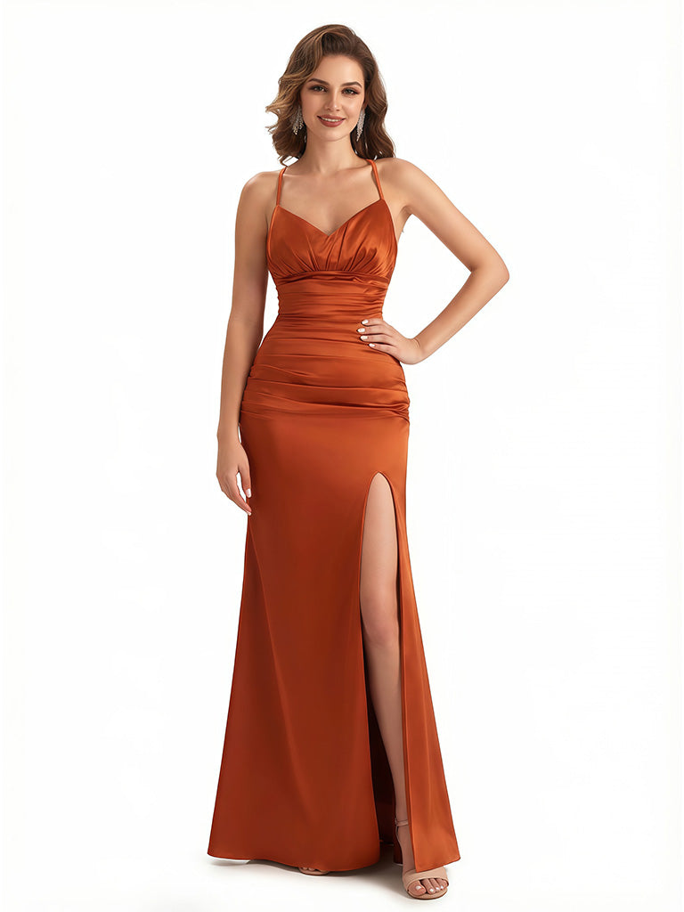 Sexy Ruched Spaghetti Straps Mermaid Side Slit Silky Satin Maxi Evening Gowns For Women
